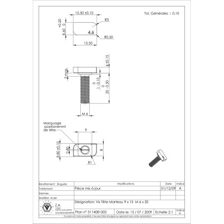 1 x Vite Per Metalli Testa A Martello M6X20 20X12 Classe 8.8 Zincate