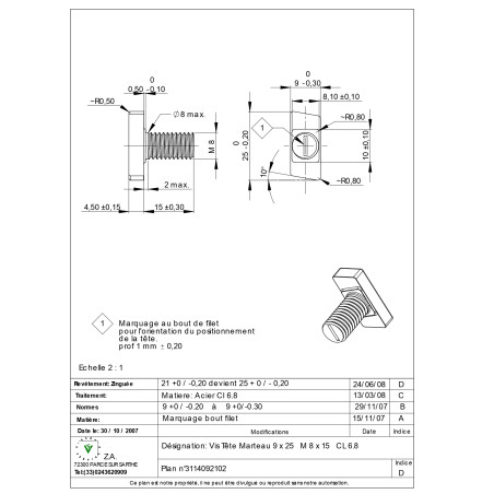 1 x Vite Per Metalli Testa A Martello M8/15 9X25 Classe 6.8 Zincate