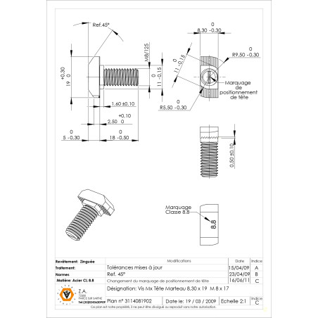 1 x Vite Per Metalli Testa A Martello M8/17 8,3X19 Classe 8.8 Zincate