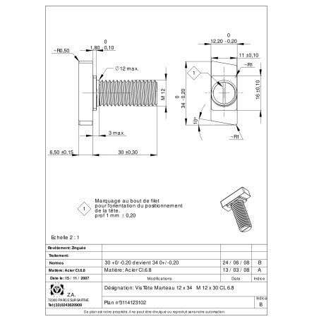 1 x Vite Per Metalli Testa A Martello M12/30 12X34 Classe 6.8 Zincate