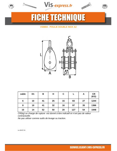 1 x PULEGGIA Doppio Da 25 Acciaio Inox A2 Per...