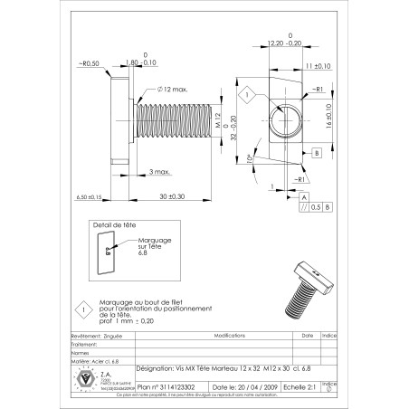 1 x Vite Per Metalli Testa A Martello M12/30 12X32 Classe 6.8 Zincate
