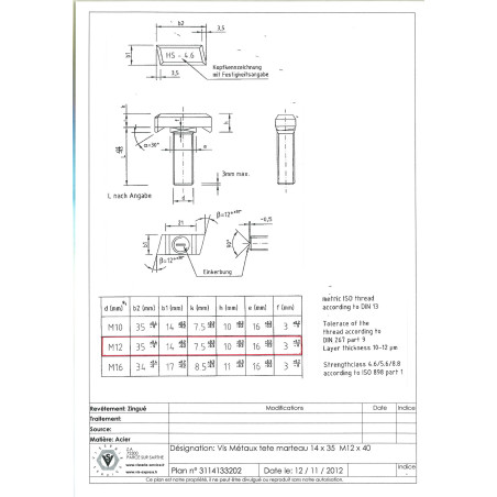 1 x Vite Per Metalli Testa A Martello M12X40 14X35 Zincate