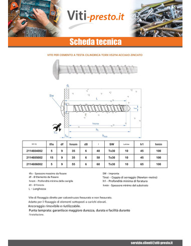 1 x Vite Per Calcestruzzo Testa Bombata Torx...