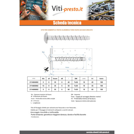 1 x Vite Per Calcestruzzo Testa Bombata Torx T30 6X60 Zincate