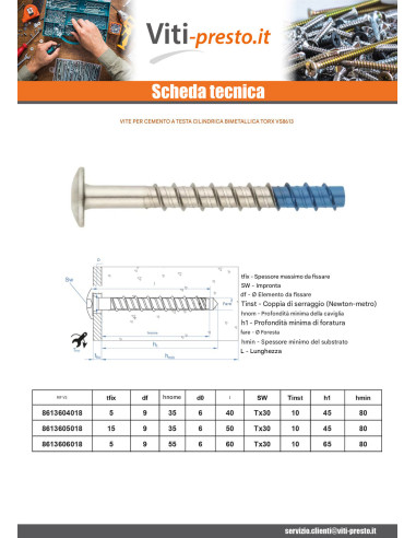 1 x Vite Per Calcestruzzo Testa Bombata Torx...