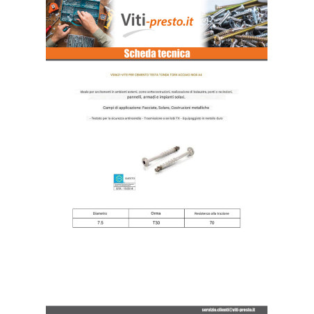 1 x Vite Per Calcestruzzo Testa Bombata T30 Acciaio Inox A4 7,5X80 Filettata Su 25