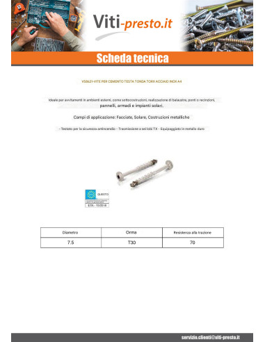 1 x Vite Per Calcestruzzo Testa Bombata T30...