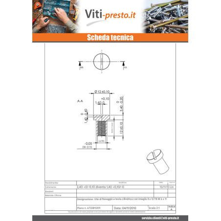1 x Dado Manicotto Testa Cilindrica Con Intaglio 8X12 M6X11 Ottone