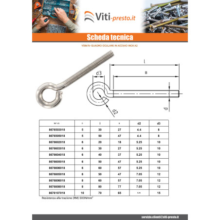 1 x Golfare A Vite Metalli M6X30 Occhio 10 Acciaio Inox A2