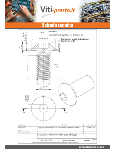 1 x Dado Manicotto Testa Bombata M6X8 Chiave...