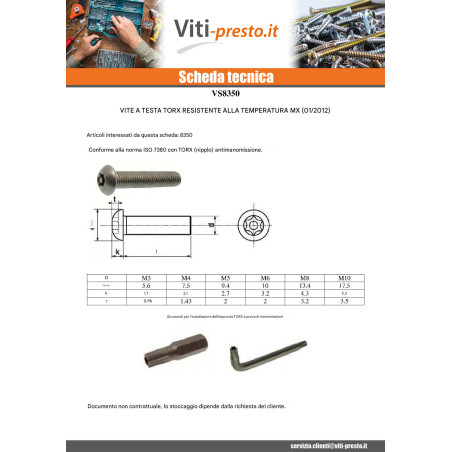 1 x Vite Per Metalli Acciaio Inox A2 Di Sicurezza Testa Bombata T20 con perno M4X30