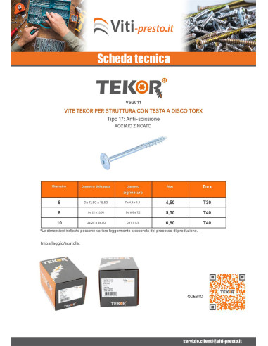 1 x Viti per legno TEKOR Testa Cilindrica T40...