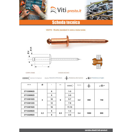 1 x Rivetto Testa tonda standard barra di acciaio al rame 4.8X12 Spessore Di Serraggio 5 con 7