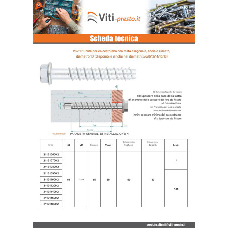 1 x Vite Per Calcestruzzo Testa Esagonale Flangia T15 10X80 Zincate