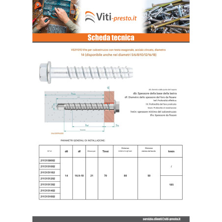 1 x Vite Per Calcestruzzo Testa Esagonale Flangia T21 14X140 Zincate