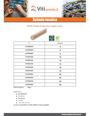 1 x Tassello di legno liscio Diametro 16...