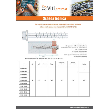1 x Vite Per Calcestruzzo Testa Esagonale Flangia T13 8X140 Zincate