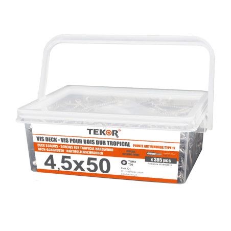 1 x Secchio di 385 Vite Per Decking TEKOR 4,5X50 cut Chiodo Anti-Spacco 17 Acciaio Inox C1 AISI 410 Testa Forata