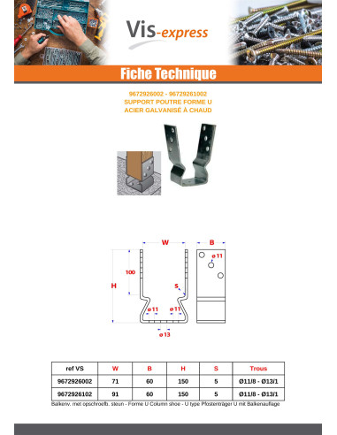 1 x Supporto per trave stile U 71X60X150...