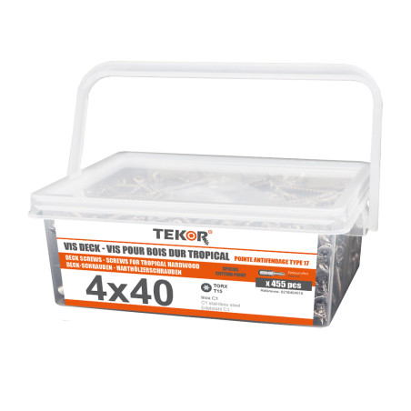 1 x Secchio di 455 Vite Per Decking TEKOR 4X40 cut Chiodo Anti-Spacco 17 Acciaio Inox C1 AISI 410 Testa Forata T15