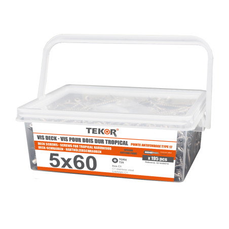 1 x Secchio di 195 Vite Per Decking TEKOR 5X60 cut Chiodo Anti-Spacco 17 Acciaio Inox C1 AISI 410 Testa Forata T25