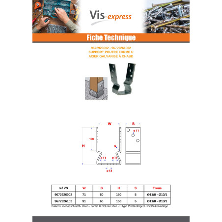 1 x Supporto per trave stile U 91X60X150 Elevata Resistenza Alla Corrosione Acciaio Zincato A Caldo