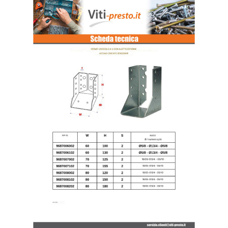 1 x Supporto per travi a forma di U con Alette Interno Sendzimir 70X125