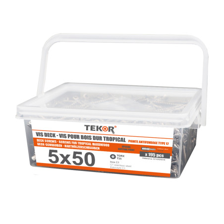 1 x Secchio di 195 Vite Per Decking TEKOR 5X50 cut Chiodo Anti-Spacco 17 Acciaio Inox C1 AISI 410 Testa Forata T25