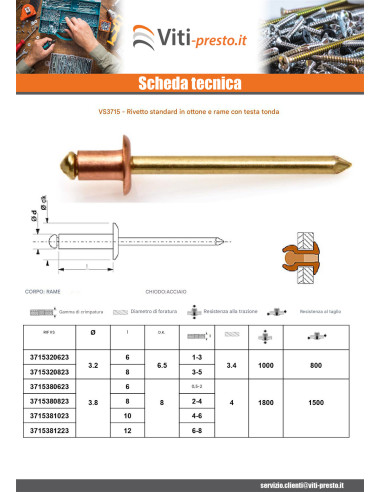 1 x Rivetto TRS asta di rame ottone 3,8X6