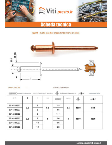 1 x Rivetto TRS asta di rame bronzo 3.2X6