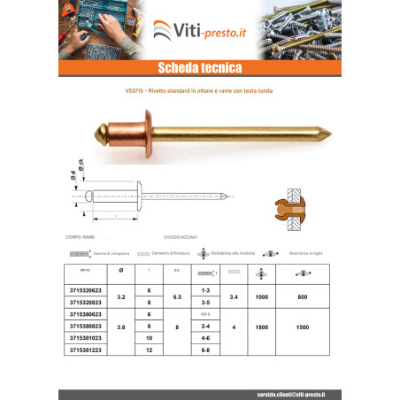 1 x Rivetto TRS asta di rame ottone 3,8X8