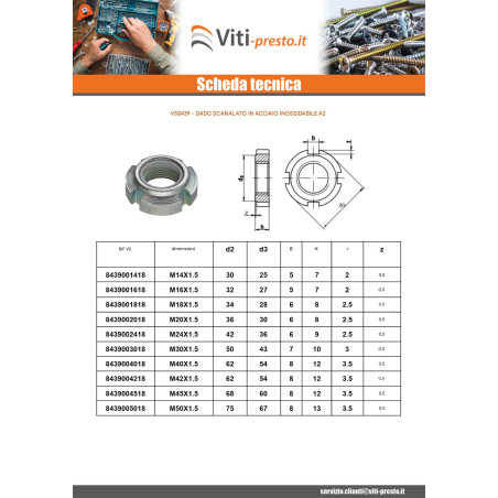 1 x Dado scanalato Acciaio Inox A2 M50 Passo 150
