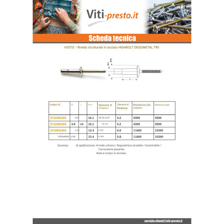 1 x Rivetto cieco interamente in acciaio HIGHBOLT Testa tonda standard 6,4X19