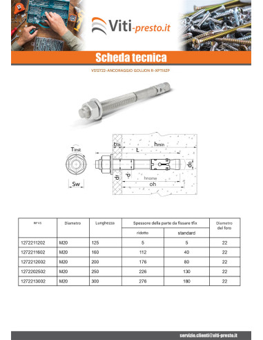 1 x Perno Ancoraggio R-XPTIIIZP M20X125 Zincate...