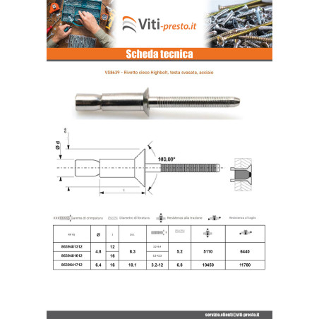1 x Rivetto cieco interamente in acciaio HIBOLT Testa Forata 4.8X13 Spessore Di Serraggio 3.2 con 4