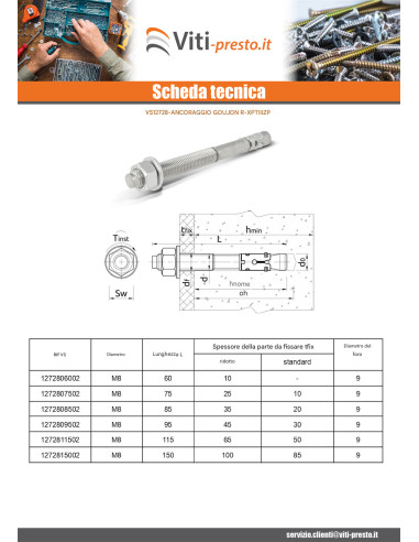 1 x Perno Ancoraggio R-Xpt M8X150 Zincate RAWLPLUG