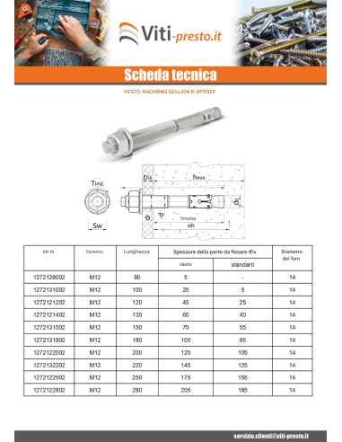 1 x Perno Ancoraggio R-XPTIIIZP M12X80 Zincate...