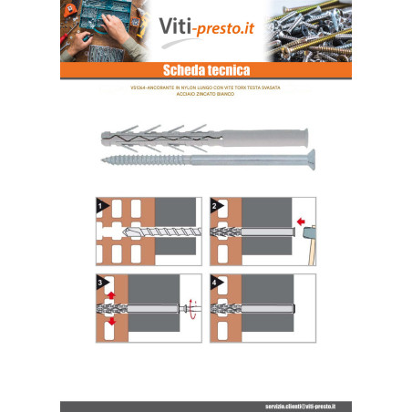 1 x Tassello A Battuta Lunga Nylon 10X115 + Vite Testa Forata Zincate