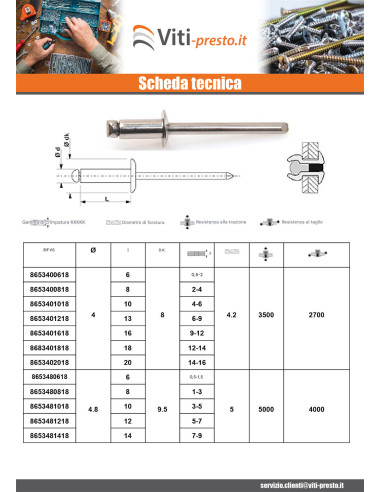 1 x Rivetto Cieco Tutto Acciaio Inox Testa...