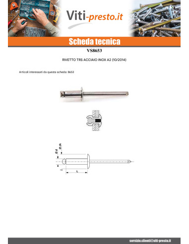1 x Rivetto Cieco Tutto Acciaio Inox Testa...
