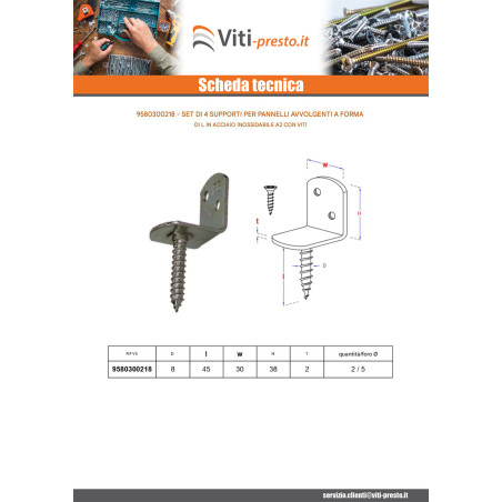 1 x Set di 4 staffe a L per pannelli intrecciati con vite 30X2 Acciaio Inox A2
