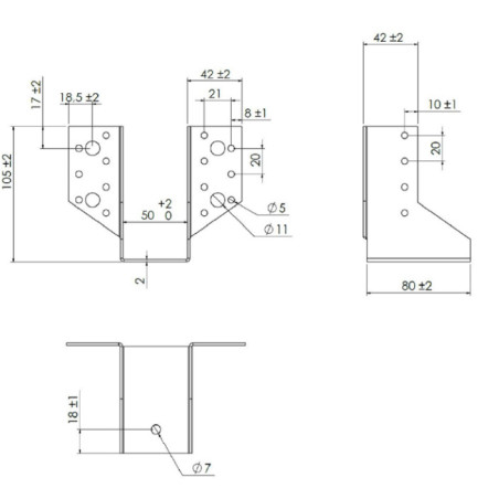 1 x Supporto per travi a forma di U con Alette Esterno 50X100 Acciaio Zincato Nero