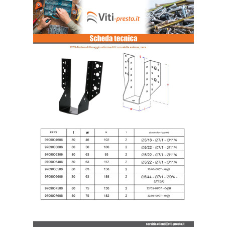 1 x Supporto per travi a forma di U con Alette Esterno 63X118 Acciaio Zincato Nero
