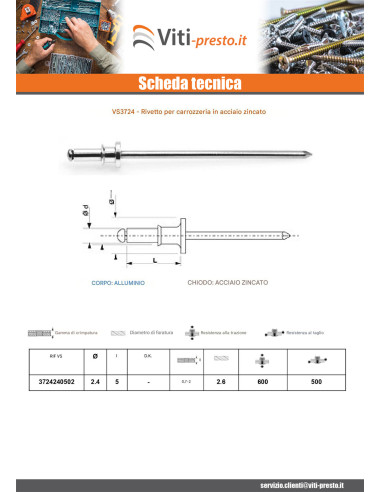 1 x Rivetto della carrozzeria Zincate 2,4X5...