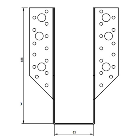 1 x Supporto per travi a forma di U con Alette Esterno 63X188 Acciaio Zincato Nero