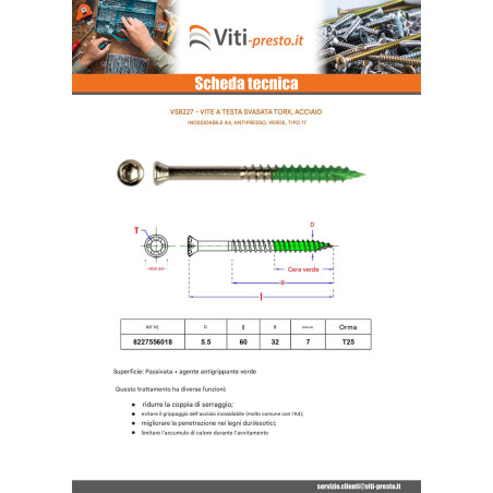 1 x Vite Per Decking Testa Forata T25 5,5X60 Filettata Su 32 Acciaio Inox A4 antiattrito Verde