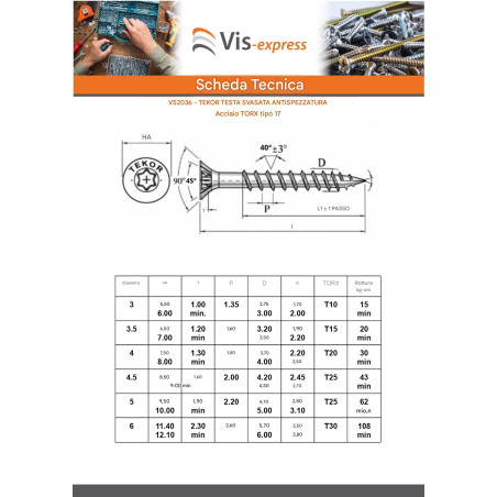 1 x Viti per legno TEKOR Testa Forata Dentellato 6X200 Filettata Su 70 T30 Zincate cut Chiodo Anti-Spacco 17