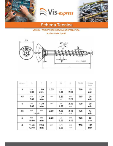 1 x Viti per legno TEKOR Testa Forata...