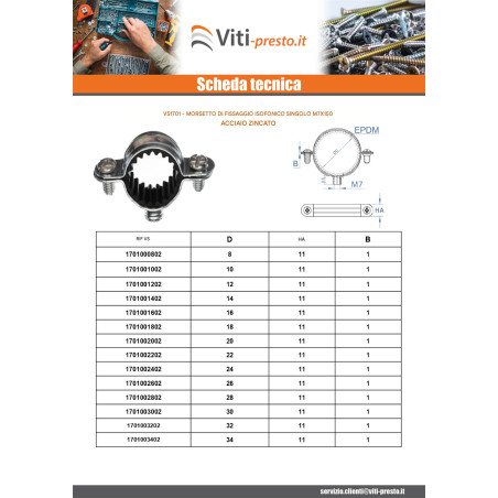 1 x Semplice collare di fissaggio insonorizzato M7X150 Diametro 48 Zincate
